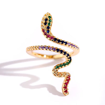 Women gold color snake ring with clear CZ stones, punk rock style animal jewelry.