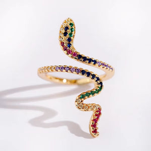 2023 gold snake ring with colorful CZ stones, stackable punk rock style for women.