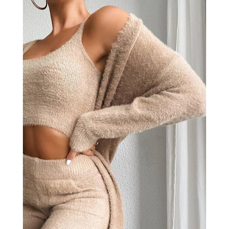 Ensemble gilet et pantalon court en peluche à col en V pour femme