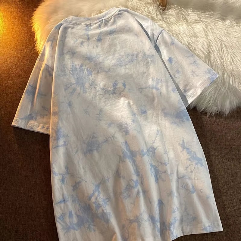 Short Sleeve T-Shirts Women Letter Embroidery Tie-Dye Hot Sale Hip Hop Loose Korean Style All-Match Students Simple Chic O-Neck