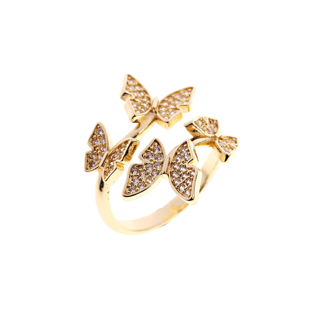 Gold-colored butterfly stackable ring with clear CZ stones, women’s punk rock animal jewelry.