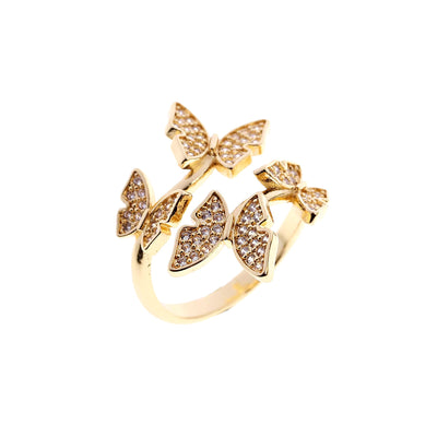 Gold-colored butterfly stackable ring with clear CZ stones, women’s punk rock animal jewelry.