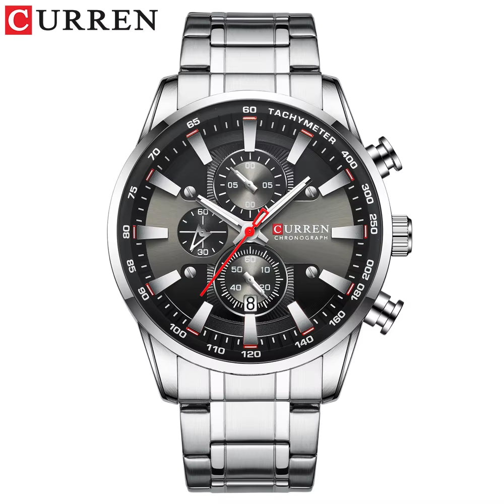 Man Watches Luxury Sporty Chronograph Wristwatches for Men Quartz Stainless Steel Band Clock Luminous Hands