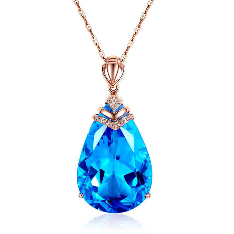 Factory-issued Pear-shaped Sapphire Pendant European And American Color Sapphire Blue Crystal Clavicle Chain Rose Gold Topaz Necklace