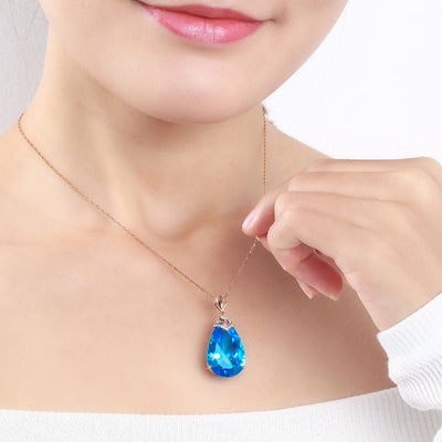 Factory-issued Pear-shaped Sapphire Pendant European And American Color Sapphire Blue Crystal Clavicle Chain Rose Gold Topaz Necklace