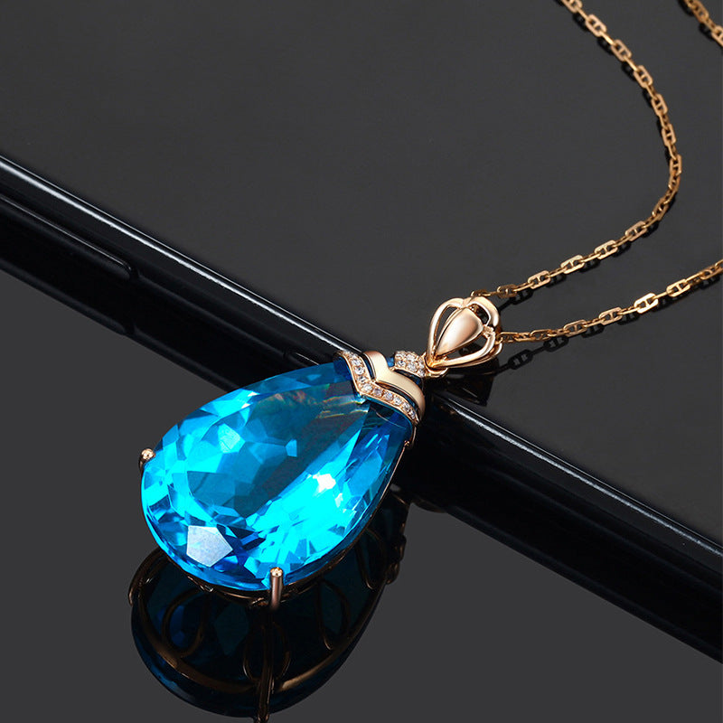 Factory-issued Pear-shaped Sapphire Pendant European And American Color Sapphire Blue Crystal Clavicle Chain Rose Gold Topaz Necklace