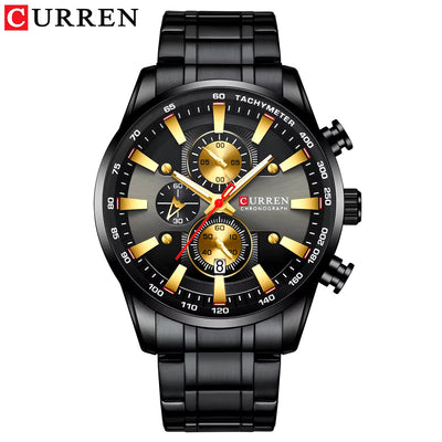 Man Watches Luxury Sporty Chronograph Wristwatches for Men Quartz Stainless Steel Band Clock Luminous Hands