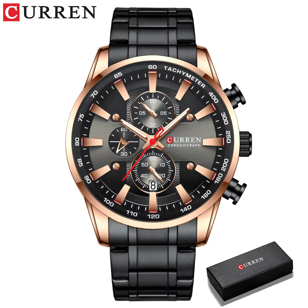 Man Watches Luxury Sporty Chronograph Wristwatches for Men Quartz Stainless Steel Band Clock Luminous Hands