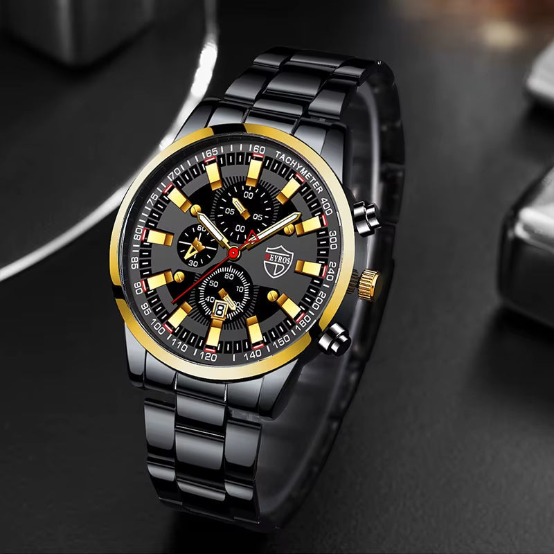 2022 Mens Watches Fashion Luxury Men Black Stainless Steel Quartz Wristwatch Man Business Casual Leather Watch Relogio Masculino