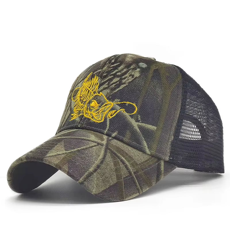 Camo Neue Herren-Baseballkappe für Damen, Snapback-Hut mit Fischstickerei, Knochenkappen, Gorras, lässige Casquette für die Jagd im Freien