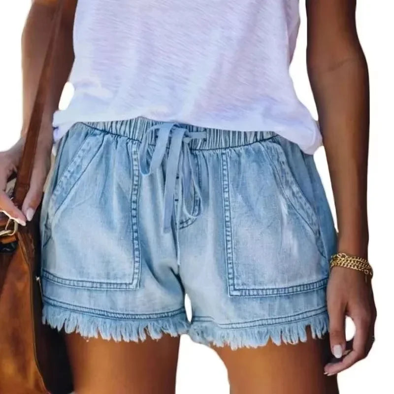 2023 neue Hohe Taille Elastische Taille Lässig Hohe Taille Schlank Shorts Jeans Sommer Frauen Lose Gerade Shorts Frauen Kleidung