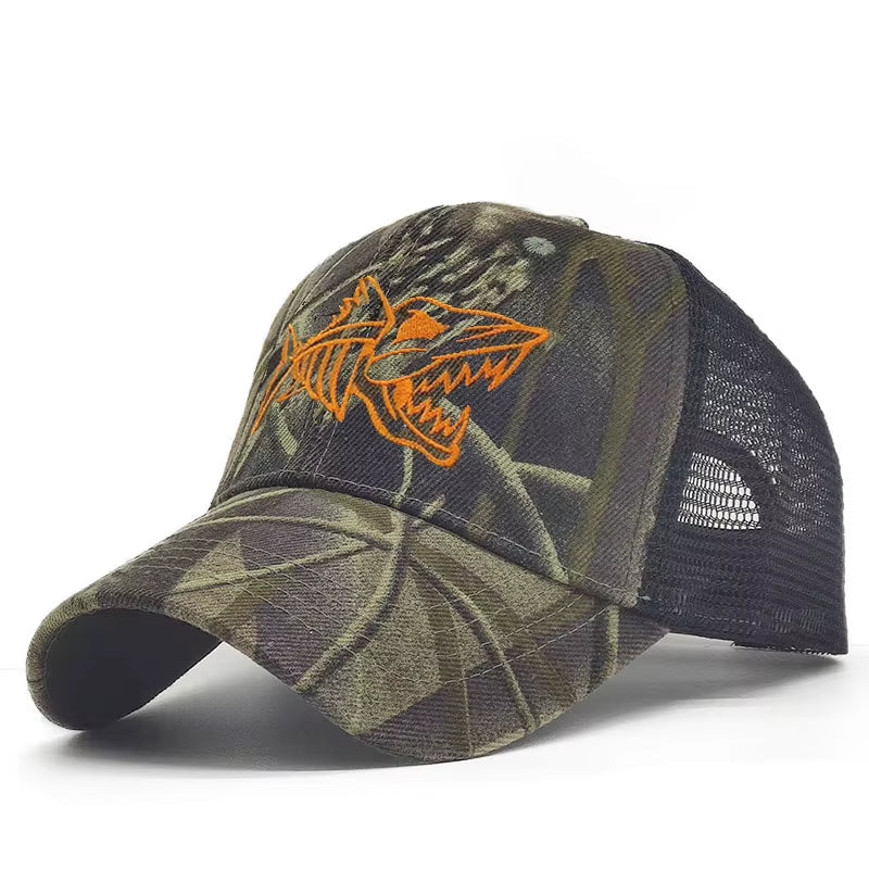 Casquette de baseball camouflage pour homme et femme, chapeau à rabat, broderie de poisson, casquettes en os, Gorras, casquette décontractée, chapeaux de chasse en plein air