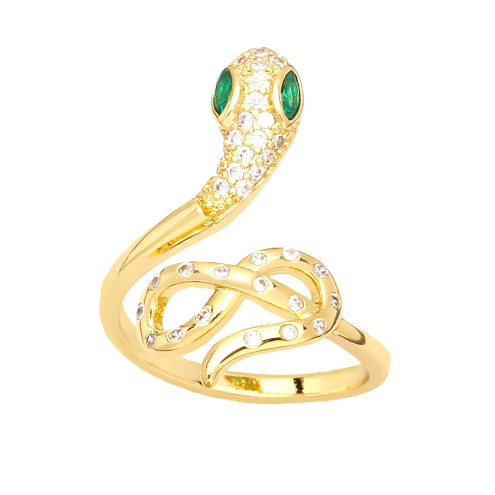 Gold snake ring with clear CZ stones for women, punk rock animal jewelry.