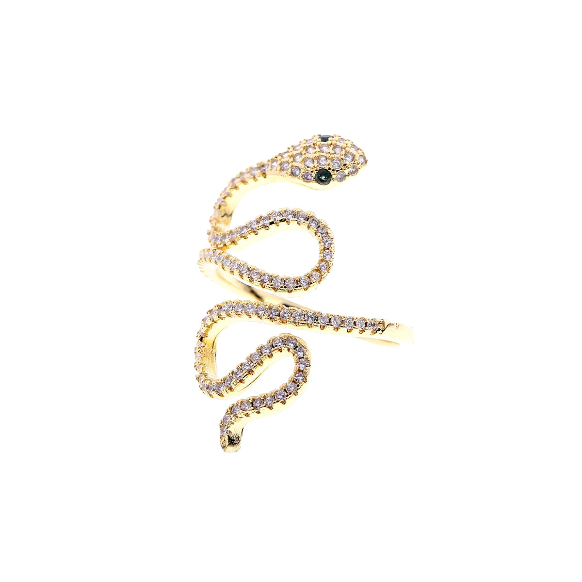 Women’s gold color snake ring with clear CZ stones, punk rock style animal jewelry.