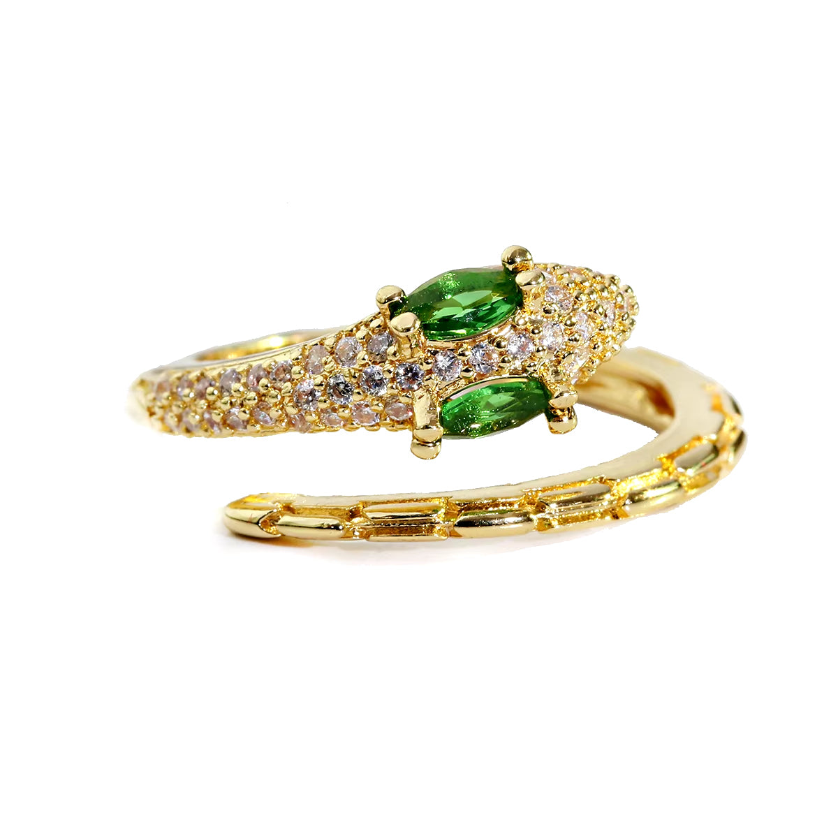 Gold snake ring with clear CZ stones for women, punk rock animal jewelry.