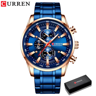 Herrenuhren, luxuriös, sportlich, Chronograph, Armbanduhr für Herren, Quarz, Edelstahlband, Uhr, leuchtende Zeiger 