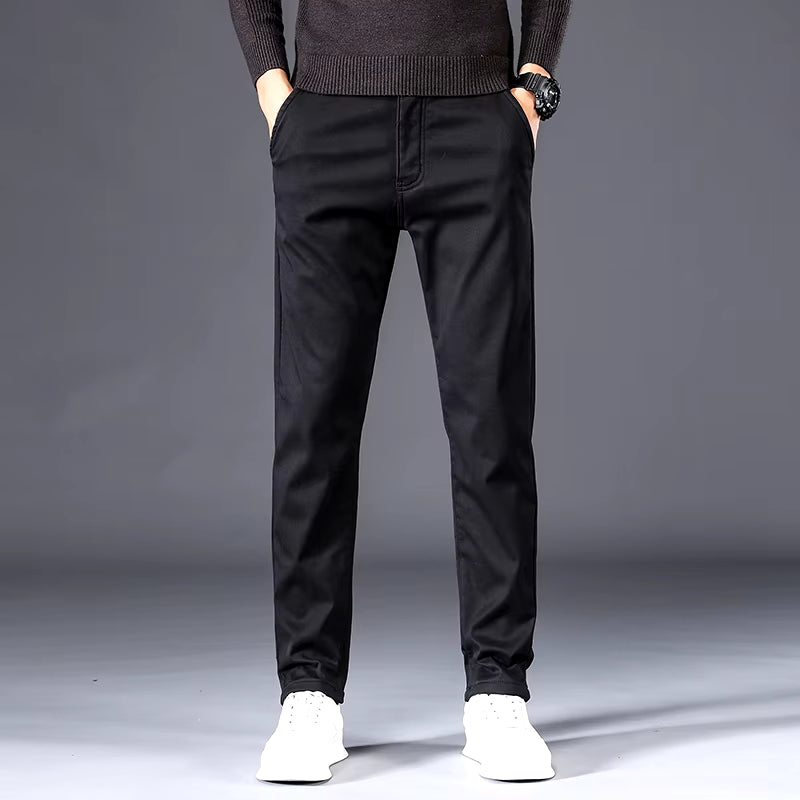 2022 Winter New Men'S Warm Thick Casual Pants Business Fashion Black Blue Stretch Fleece Office Slim Trousers Male Brand