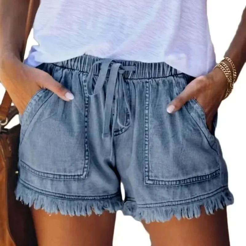 2023 neue Hohe Taille Elastische Taille Lässig Hohe Taille Schlank Shorts Jeans Sommer Frauen Lose Gerade Shorts Frauen Kleidung