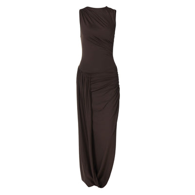 Women's sleeveless brown pleated dress with side-slit and round neck.