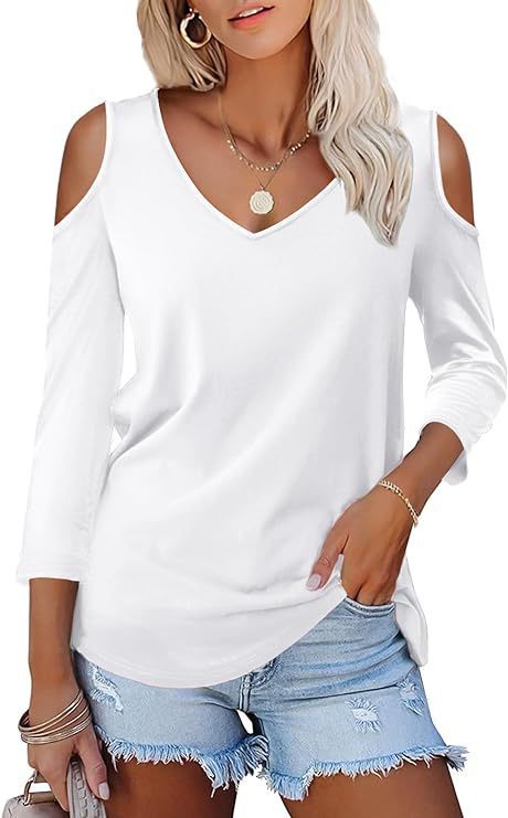 Off-the-shoulder Women's Solid Color Long Sleeve V-neck Formal Casual Top Summer