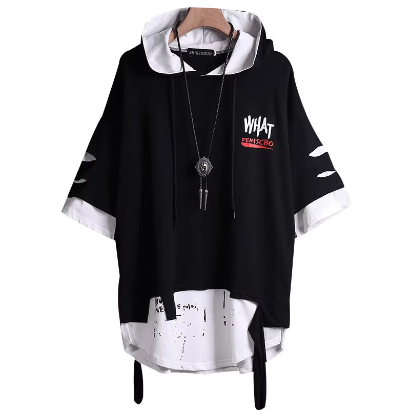 EAEOVNI Summer Japanese Hip Hop Hooded Short-Sleeved T Shirt Male Youth Personality Streamer Hole Fake Two-Piece Hooded T-Shirt