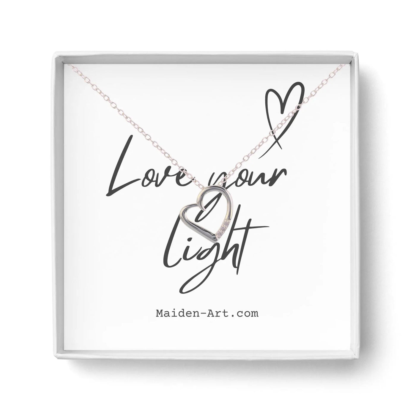 14K silver plated love heart pave pendant necklace in gift box with text "Love your light."