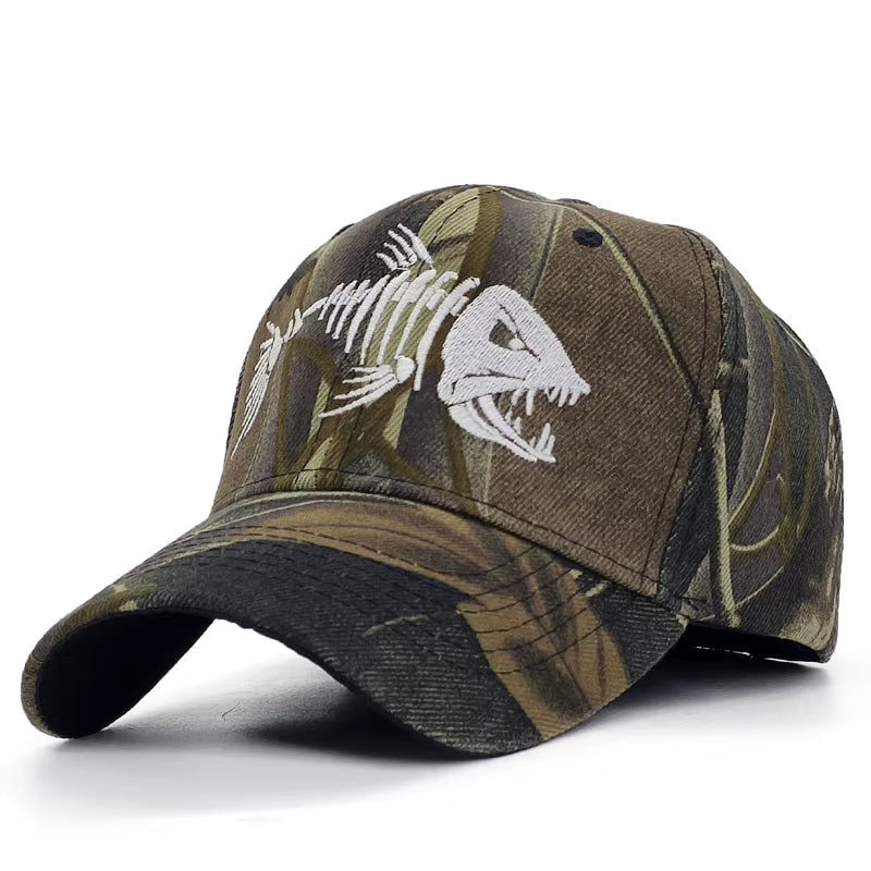 Camo Neue Herren-Baseballkappe für Damen, Snapback-Hut mit Fischstickerei, Knochenkappen, Gorras, lässige Casquette für die Jagd im Freien