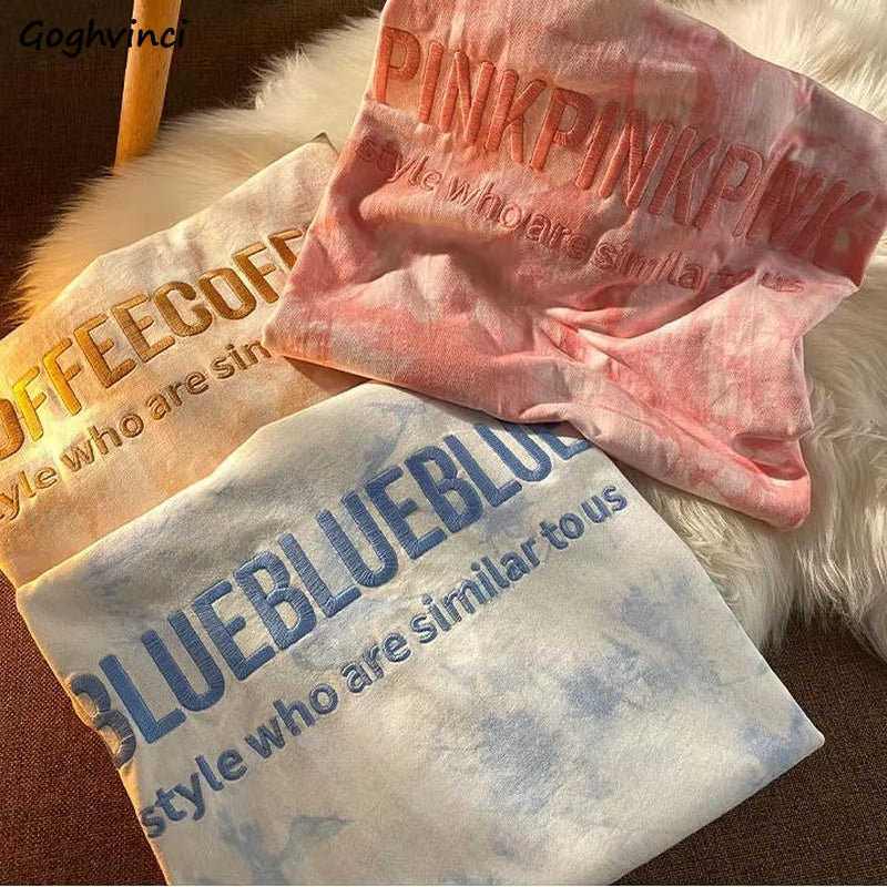 Kurzarm T-Shirts Frauen Brief Stickerei Tie-Dye Heißer Verkauf Hip Hop Lose Koreanischen Stil Alle-Spiel Studenten einfache Chic Oansatz 