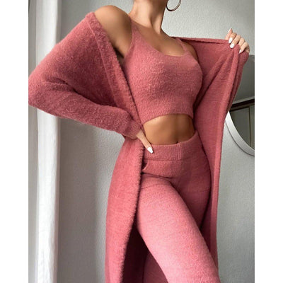 Ensemble gilet et pantalon court en peluche à col en V pour femme