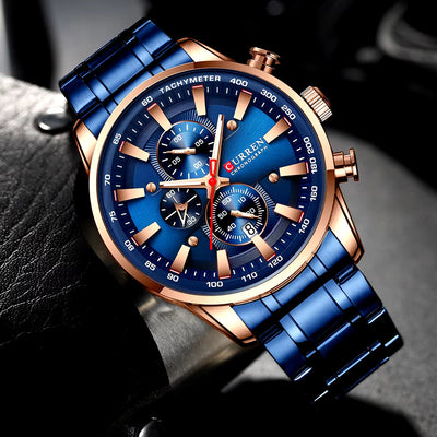 Man Watches Luxury Sporty Chronograph Wristwatches for Men Quartz Stainless Steel Band Clock Luminous Hands