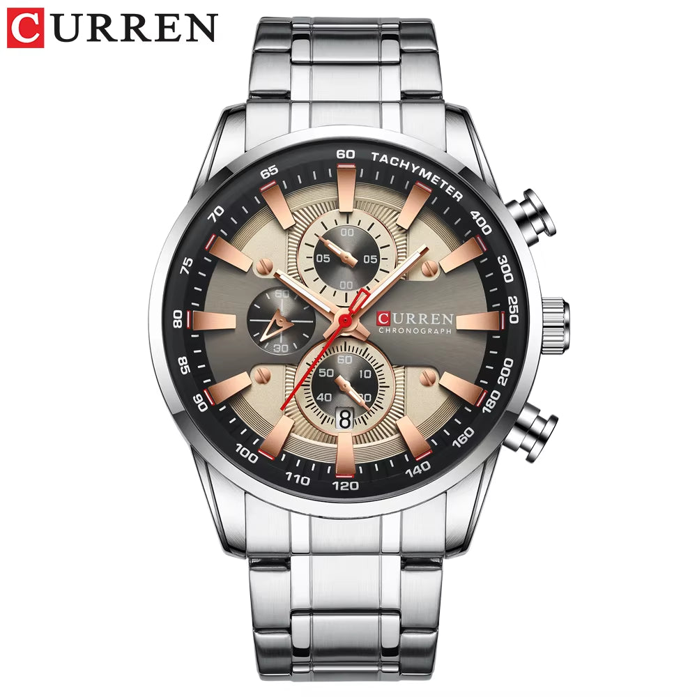 Man Watches Luxury Sporty Chronograph Wristwatches for Men Quartz Stainless Steel Band Clock Luminous Hands