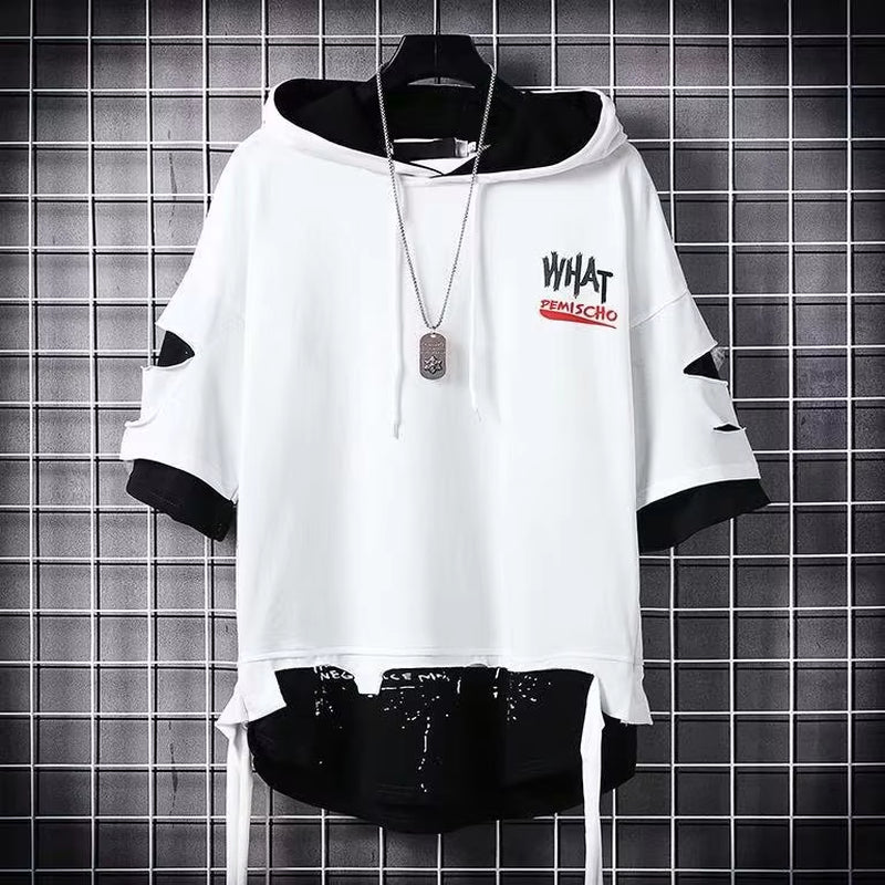 EAEOVNI Summer Japanese Hip Hop Hooded Short-Sleeved T Shirt Male Youth Personality Streamer Hole Fake Two-Piece Hooded T-Shirt