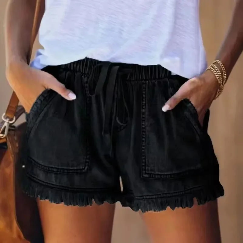 2023 neue Hohe Taille Elastische Taille Lässig Hohe Taille Schlank Shorts Jeans Sommer Frauen Lose Gerade Shorts Frauen Kleidung