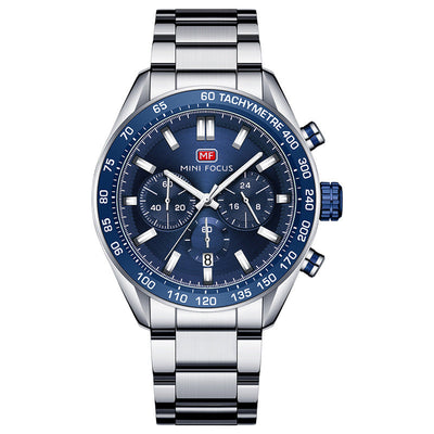 Men's steel belt casual quartz watch with blue dial and business style design.