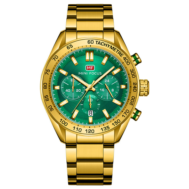 Men's steel belt casual quartz watch with golden green dial, suitable for business timing.