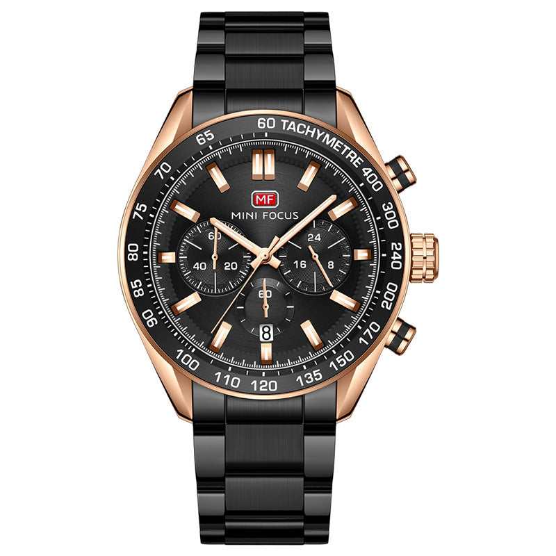 Men's Steel Belt Casual Quartz Watch with black dial and rose gold accents for business timing.