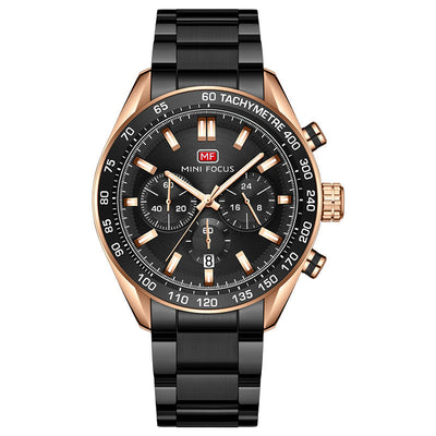 Men's Steel Belt Casual Quartz Watch with black dial and rose gold accents for business timing.