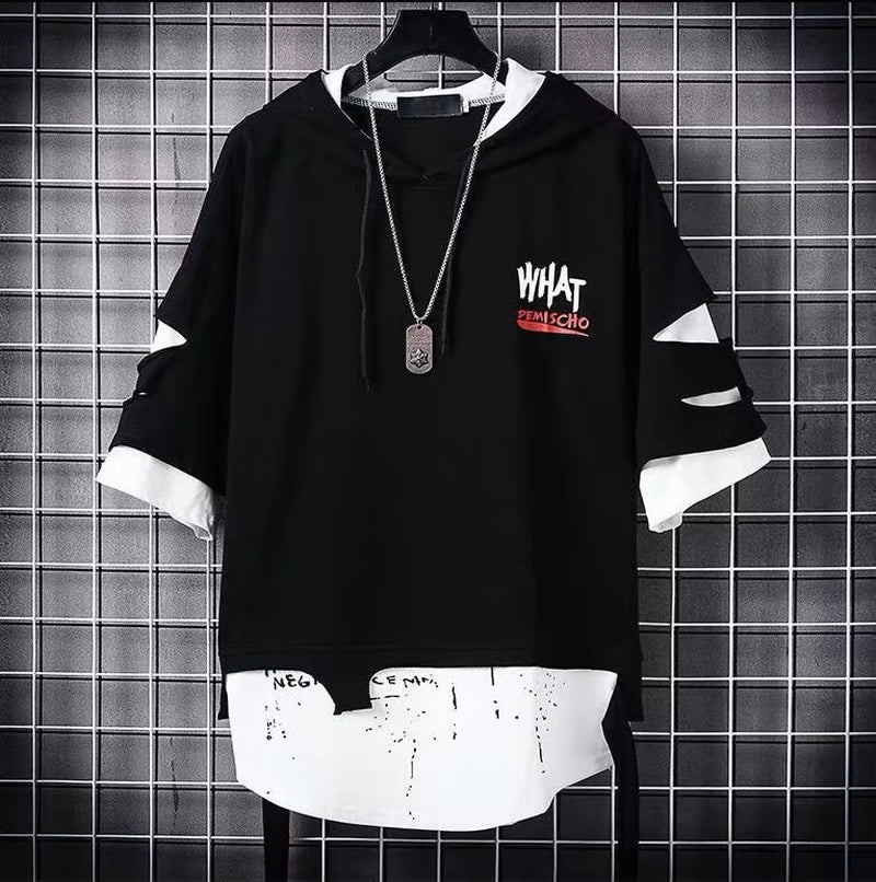 EAEOVNI Sommer Japanisches Hip Hop Kapuzen-Kurzarm-T-Shirt Männliche Jugend Persönlichkeit Streamer Loch Gefälschte Zweiteiliges Kapuzen-T-Shirt 