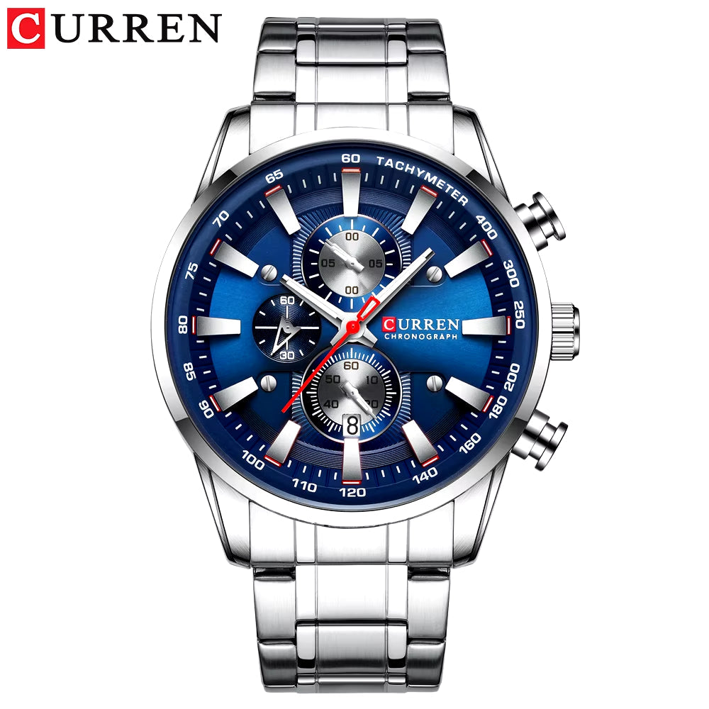 Man Watches Luxury Sporty Chronograph Wristwatches for Men Quartz Stainless Steel Band Clock Luminous Hands