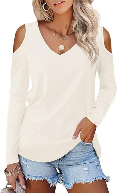 Off-the-shoulder Women's Solid Color Long Sleeve V-neck Formal Casual Top Summer