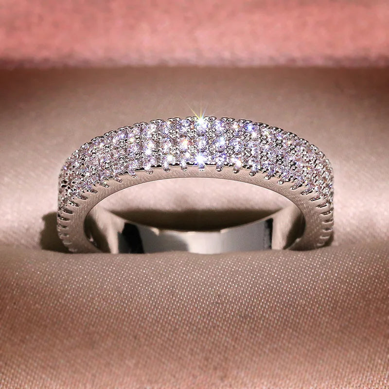 Classic 3 Rows Promise Ring Silver Color Pave AAAAA Cubic Zircon Wedding Band Rings for Women Bridal Statement Jewelry