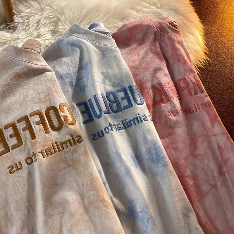 Short Sleeve T-Shirts Women Letter Embroidery Tie-Dye Hot Sale Hip Hop Loose Korean Style All-Match Students Simple Chic O-Neck