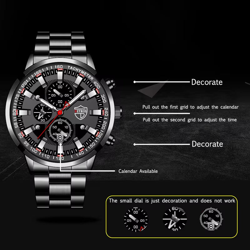 2022 Mens Watches Fashion Luxury Men Black Stainless Steel Quartz Wristwatch Man Business Casual Leather Watch Relogio Masculino