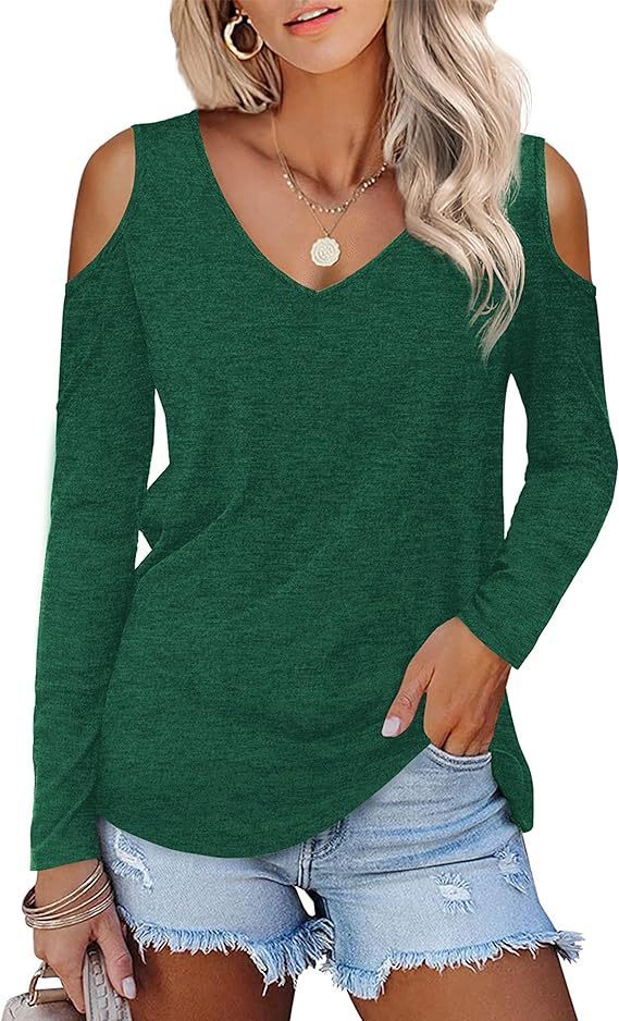 Off-the-shoulder Women's Solid Color Long Sleeve V-neck Formal Casual Top Summer