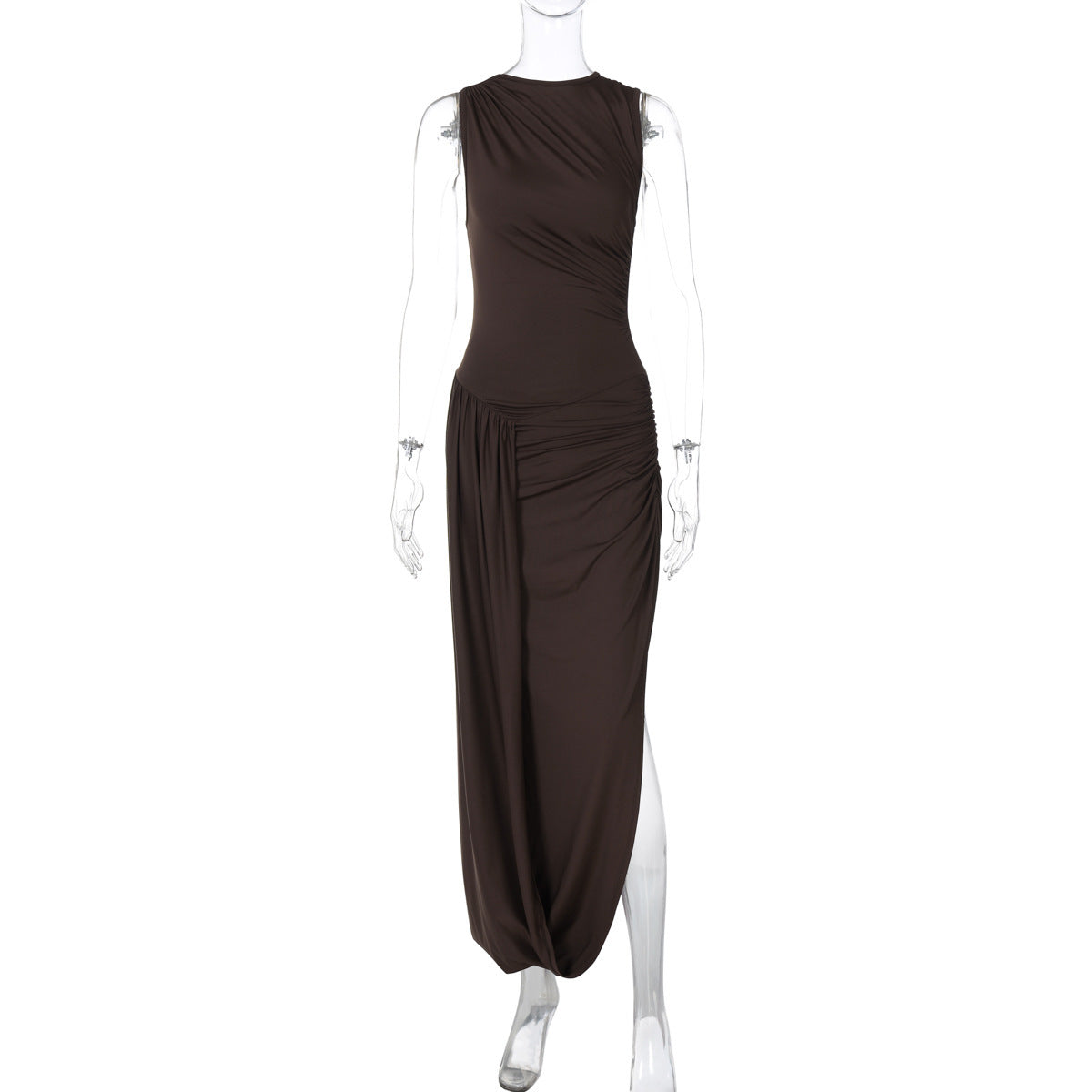 Women's fashionable brown sleeveless side-slit pleated dress.