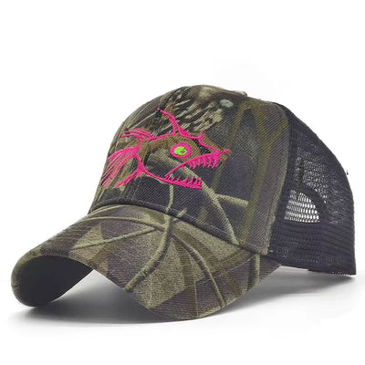 Camo Neue Herren-Baseballkappe für Damen, Snapback-Hut mit Fischstickerei, Knochenkappen, Gorras, lässige Casquette für die Jagd im Freien