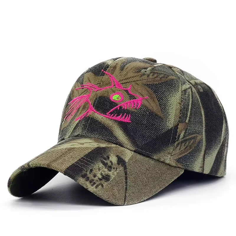 Camo Neue Herren-Baseballkappe für Damen, Snapback-Hut mit Fischstickerei, Knochenkappen, Gorras, lässige Casquette für die Jagd im Freien